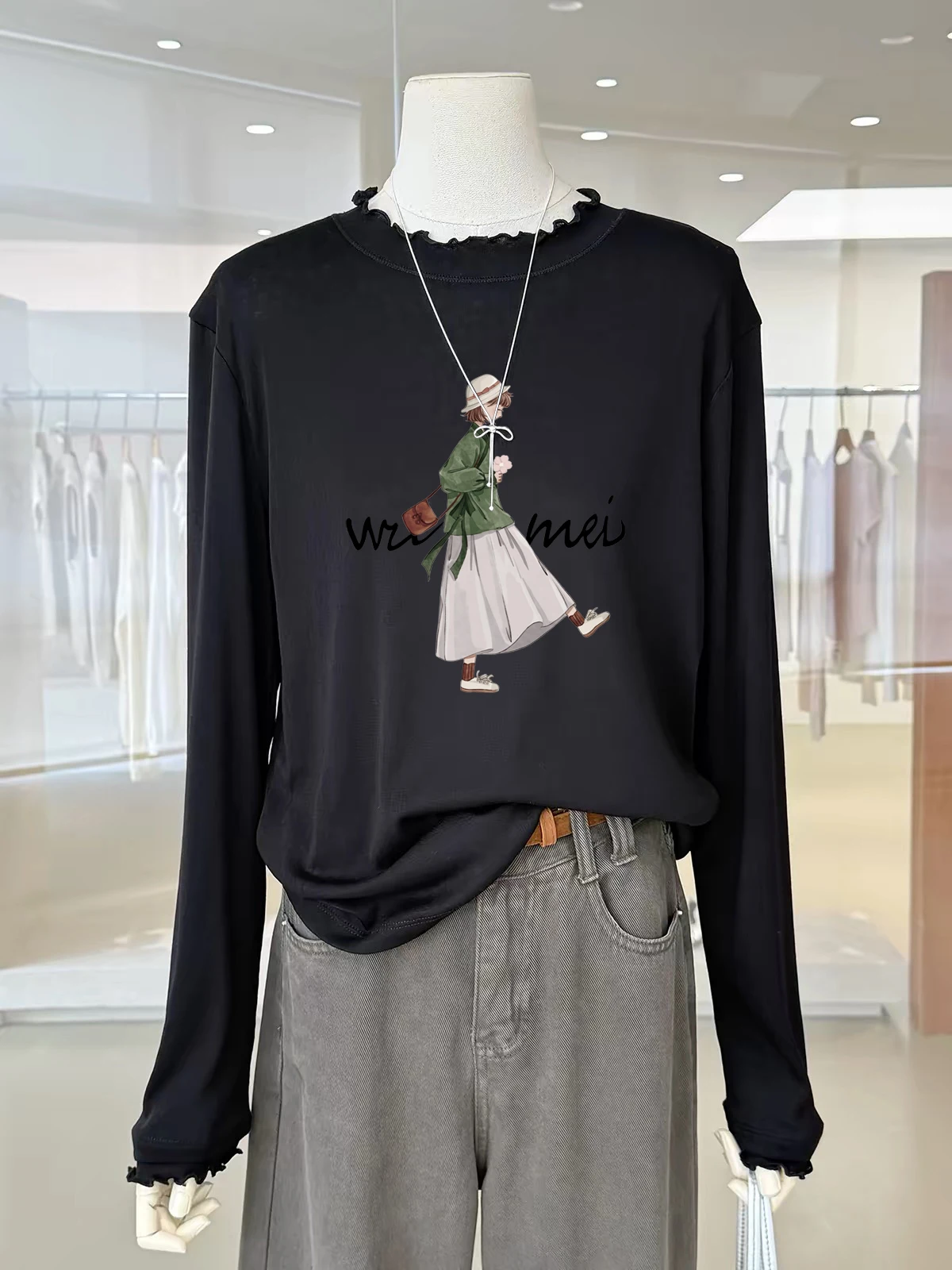 Korean Style Long Sleeve T-Shirt Women's Skin-friendly Comfortable Base Layer Shirt Trendy Overlap Wear Printed Fall New Arrival
