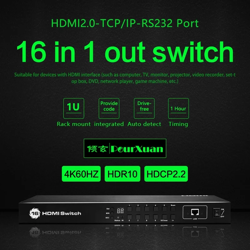 HDMI2.0 Sakelar 16X1 HDR10 Pengalih Otomatis Putaran Waktu 4K60hz Ekstensi IR RJ45 TCP/IP RS232 Kontrol 1U Dudukan Rak