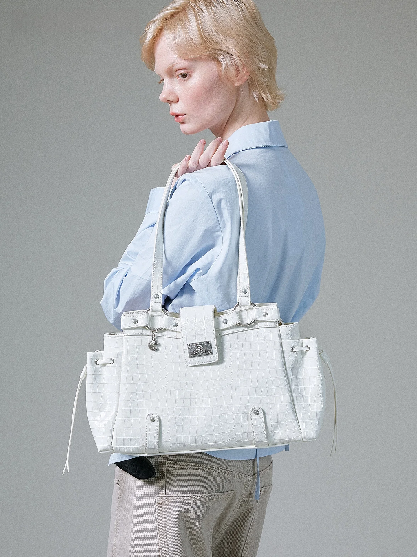 JACD Practical White Tote Bag Large Capacity Commuter Women's Bag 2026 New Single Shoulder Bag Original Design Square Shape