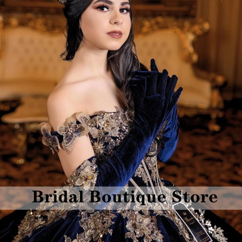 Navy Blue Quinceanera Dress With Cape Two Gloves Sweet 16 Dress Butterfly Crystals Vestidos De 15 Años Ball Gown Customized