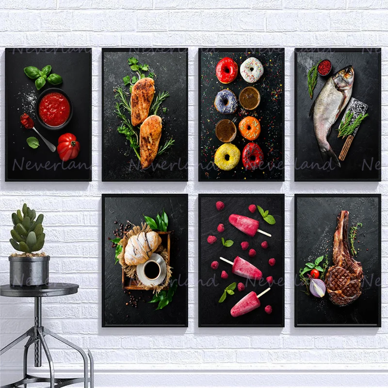 Salmon Beef Steak Chicken Sushi Croissant Food Posters Canvas Painting Prints Wall Art Picture for Kitchen Restaurant Wall Decor