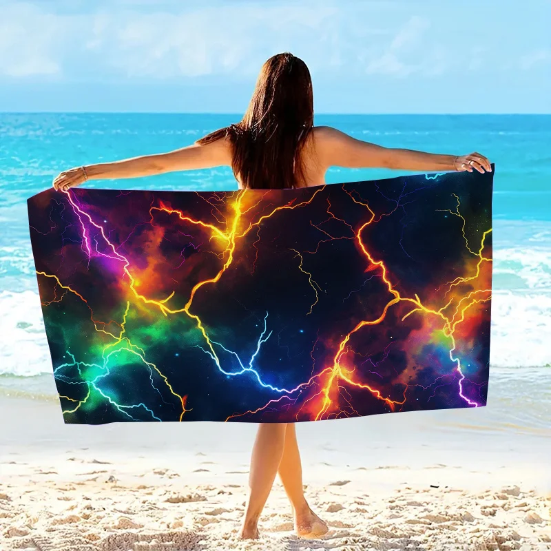1pc Lightning Beach Towel Soft Microfiber Fabric Bath Towels Unisex Oversized Towel with Vibrant Neon Lightning Bolt Pattern for