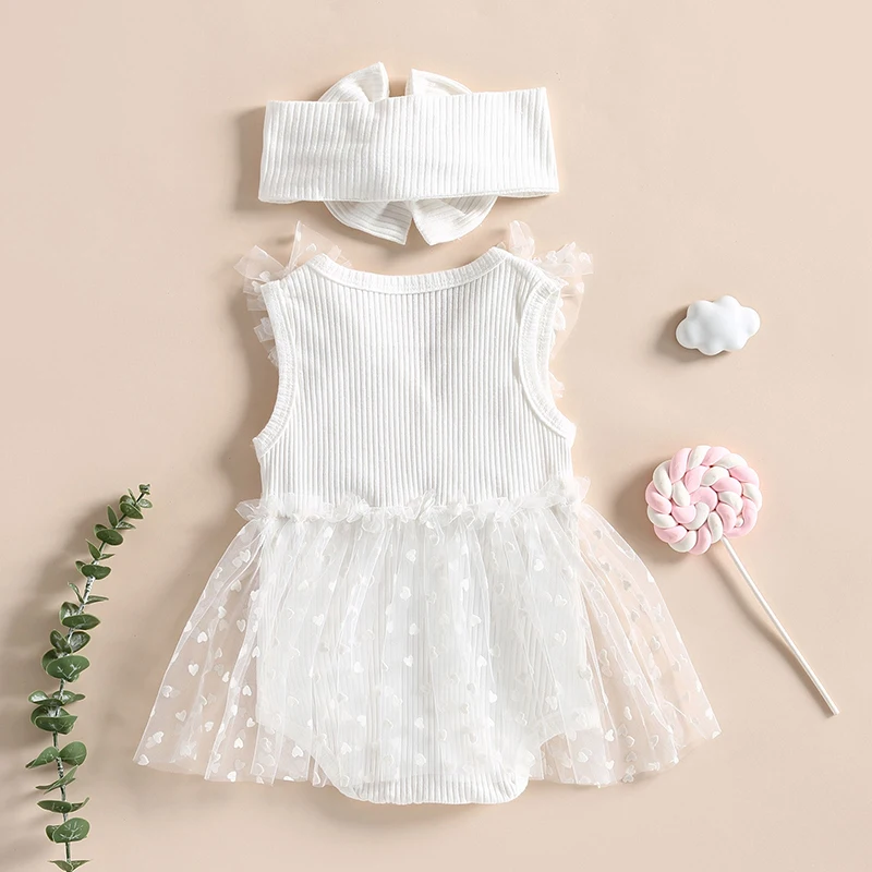 Cute Newborn Baby Girl Clothes Solid Sleeveless Lace Floral Tulle Romper Dress with Headband Birthday Photo Outfit