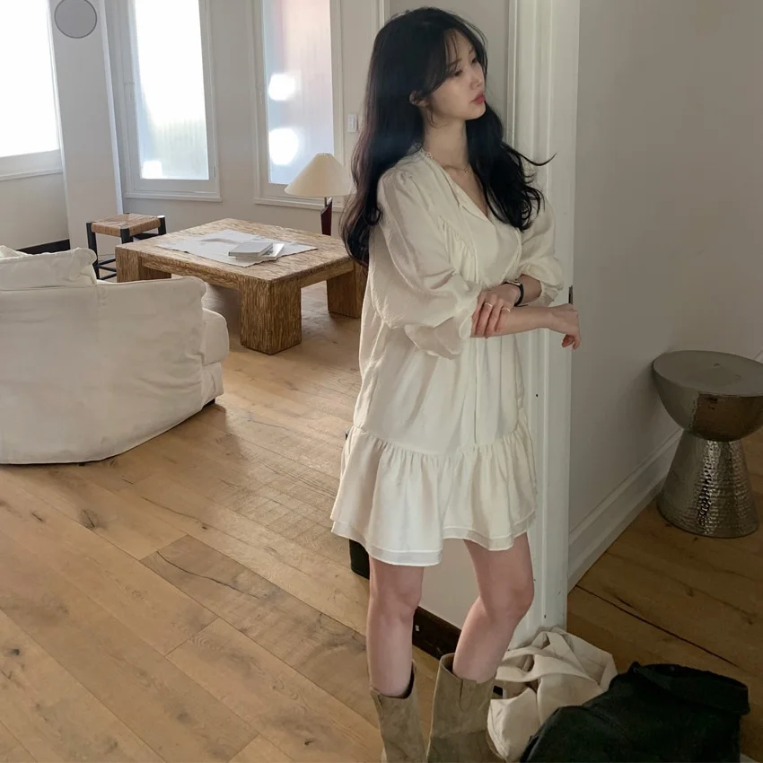 Estilo coreano doce solto renda com decote em v gravata arco babydoll manga bolha vestido para meninas, verão nova chegada