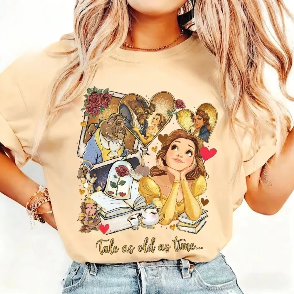 تي شيرت Beauty and The Beast Disney Princess مطبوع صيفي من القطن الناعم فضفاض ومريح وناعم كاجوال للجنسين بأكمام قصيرة