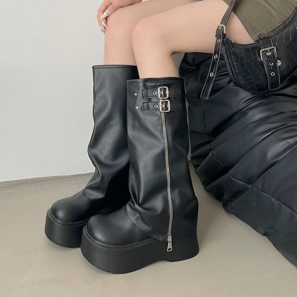 Women's Black Platform Wide Calf Boots, Buckle Detail Slouchy Knee High Shoes, Comfortable Footwear for Street Style