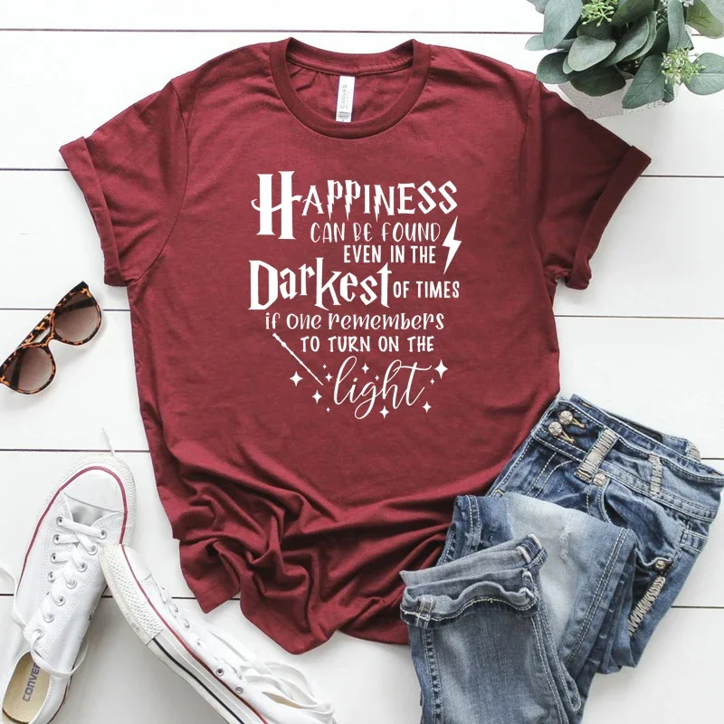 Happiness Can Be Found In The  Darkest of Times T-shirt Woman Inspired Shirt Dumbledore Quote Wizard Tee Magic School Tops