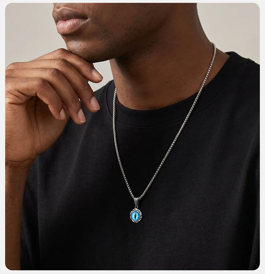 Vnox Herren Edelstahl Blaues Böses Auge Anhänger Halskette Vintage Graue Gedrehte Lünette Kastenkette Halsketten Punk Amulett Schmuck Geschenk – Detail 3