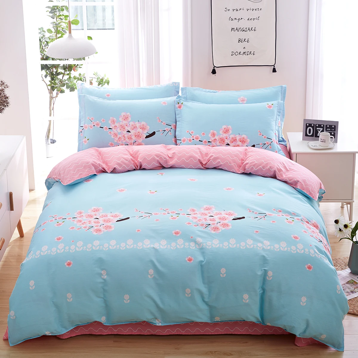 Chic Pink Floral Duvet Cover Twin Queen 100% Cotton 4 Piece Peach Blossom Bedding Set Girls Aesthetic Botanical Comforter Cover