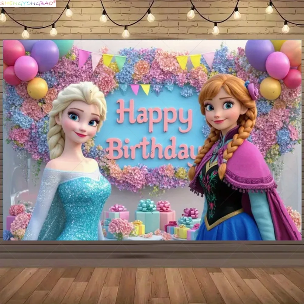 

Disney Anna Elsa Princess Background Happy Birthday Party Girls Baby Shower Scene Layout Photography Backdrops FZ-09