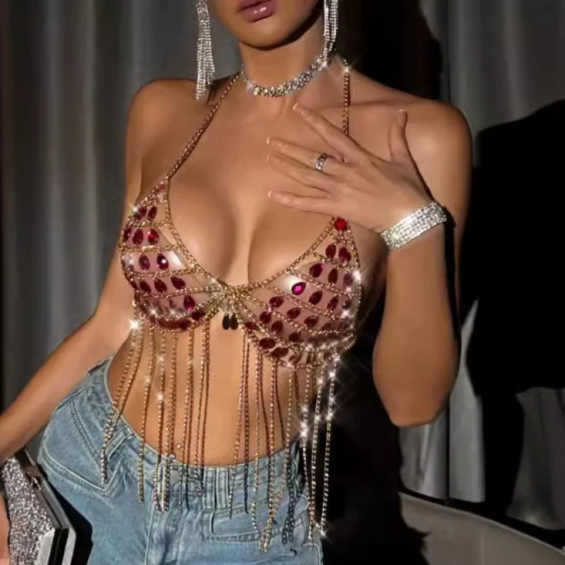 Body jewelry Chest Chain Sexy Bikini Bra Chain birthday Party Dance Hot  totally hand-made Tassel Camisole Women Body Chain Bra