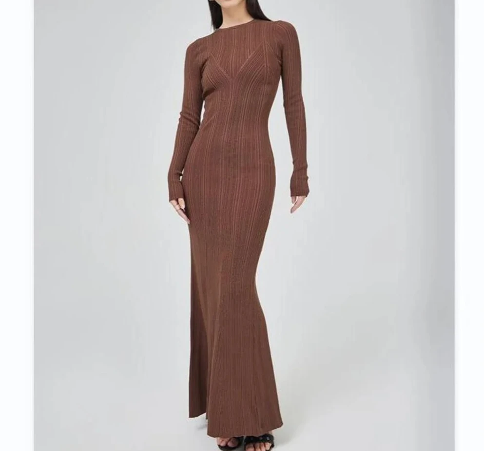 Sukienki zimowe damskie długa sukienka dzianinowa stójka obcisła czarna vintage ubrania długi rękaw dla kobiet brązowa