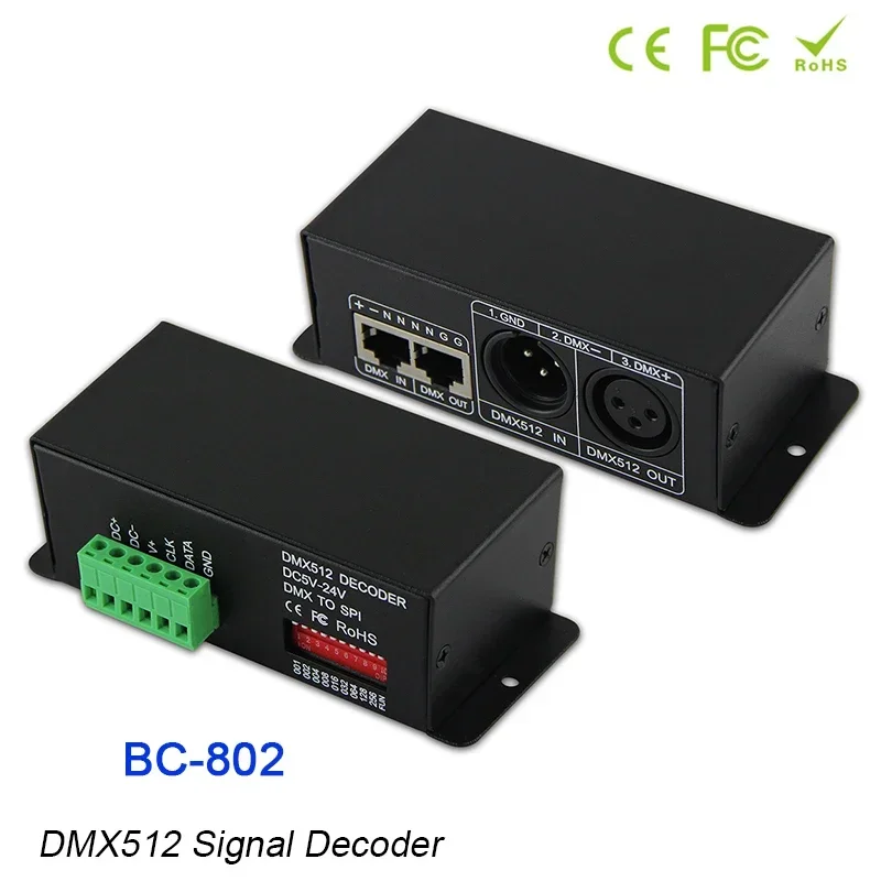 

BC-802 5V 12V 24V DMX512 TTL Signal Decoder LPD6803/LPD8806/WS2801/SK6812/TM1814 IC pixel Light LED Controller DMX Convertor