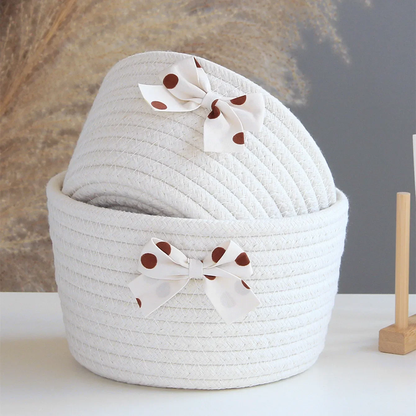 Cotton Rope Woven Storage Basket Fashion Bow Decoration Children\'s Toy Organizer Handmade Desktop Candy Snacks Sundries Boxes