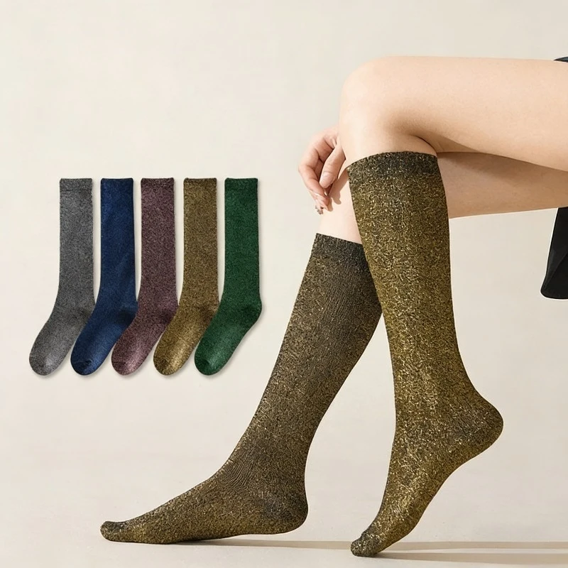 5 pairs Calf Socks Over Knee Stockings Women Versatile Niche Pile Socks Golden And Silver Thread Long  Shiny Calf Socks