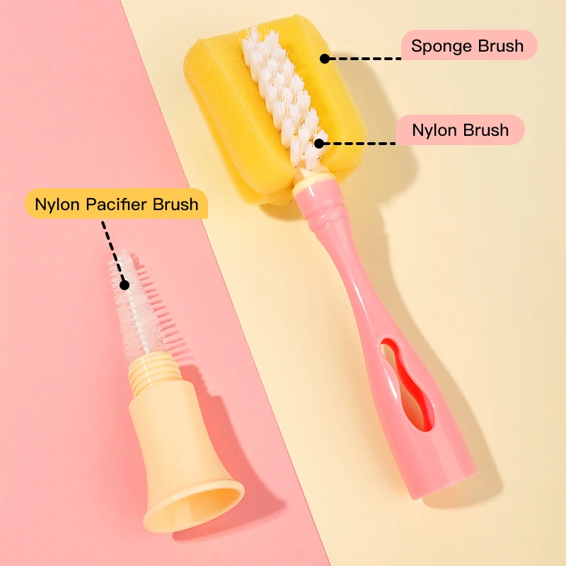 2023 New Design Nylon Sponge Baby Bottle Cleaning Brush Set Nipple Brush Feeding Bottle Cleaner Tools 2 in 1