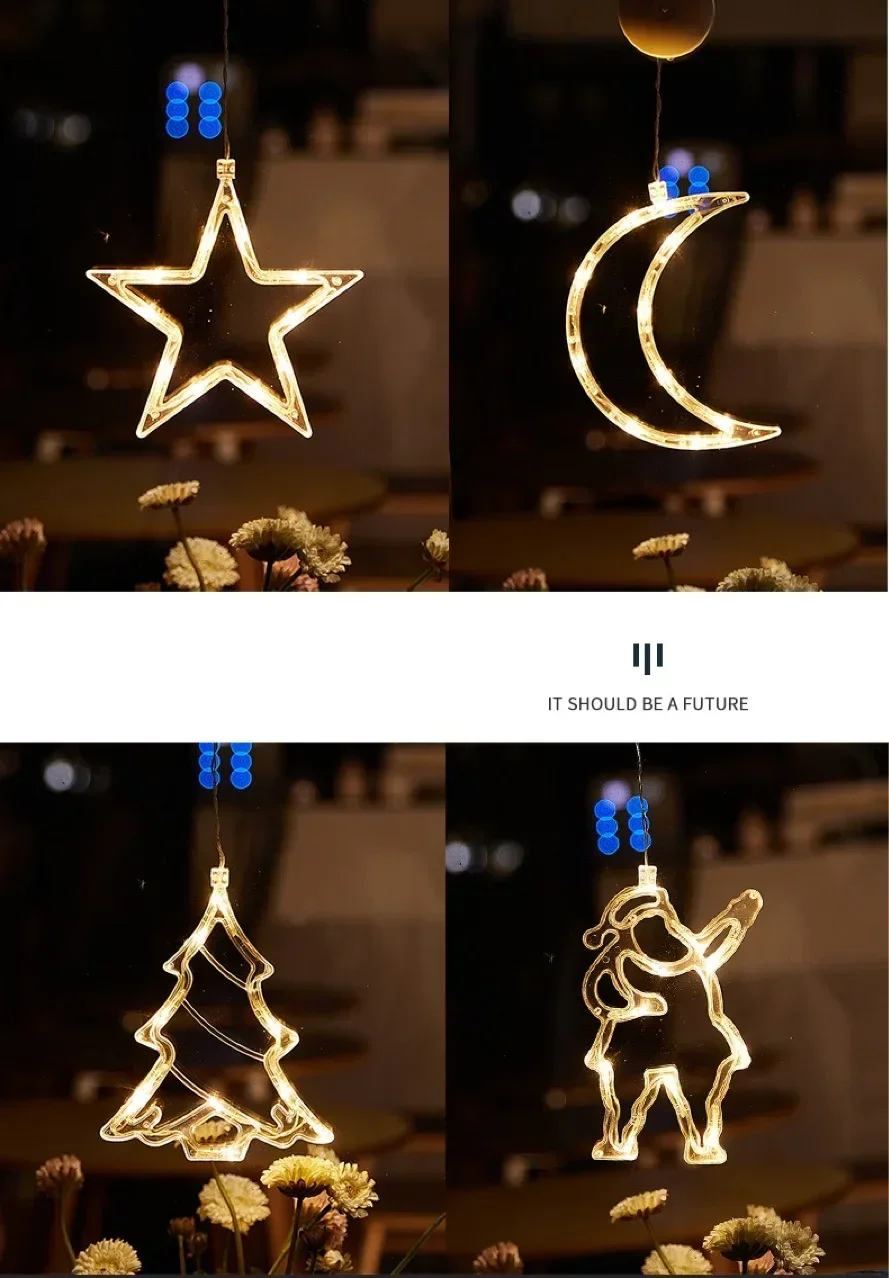LED Light Snowflake Santa Window Ornaments Decoration for Home Xmas Navidad New Year Christmas Decor Fairy Lamp String Lights