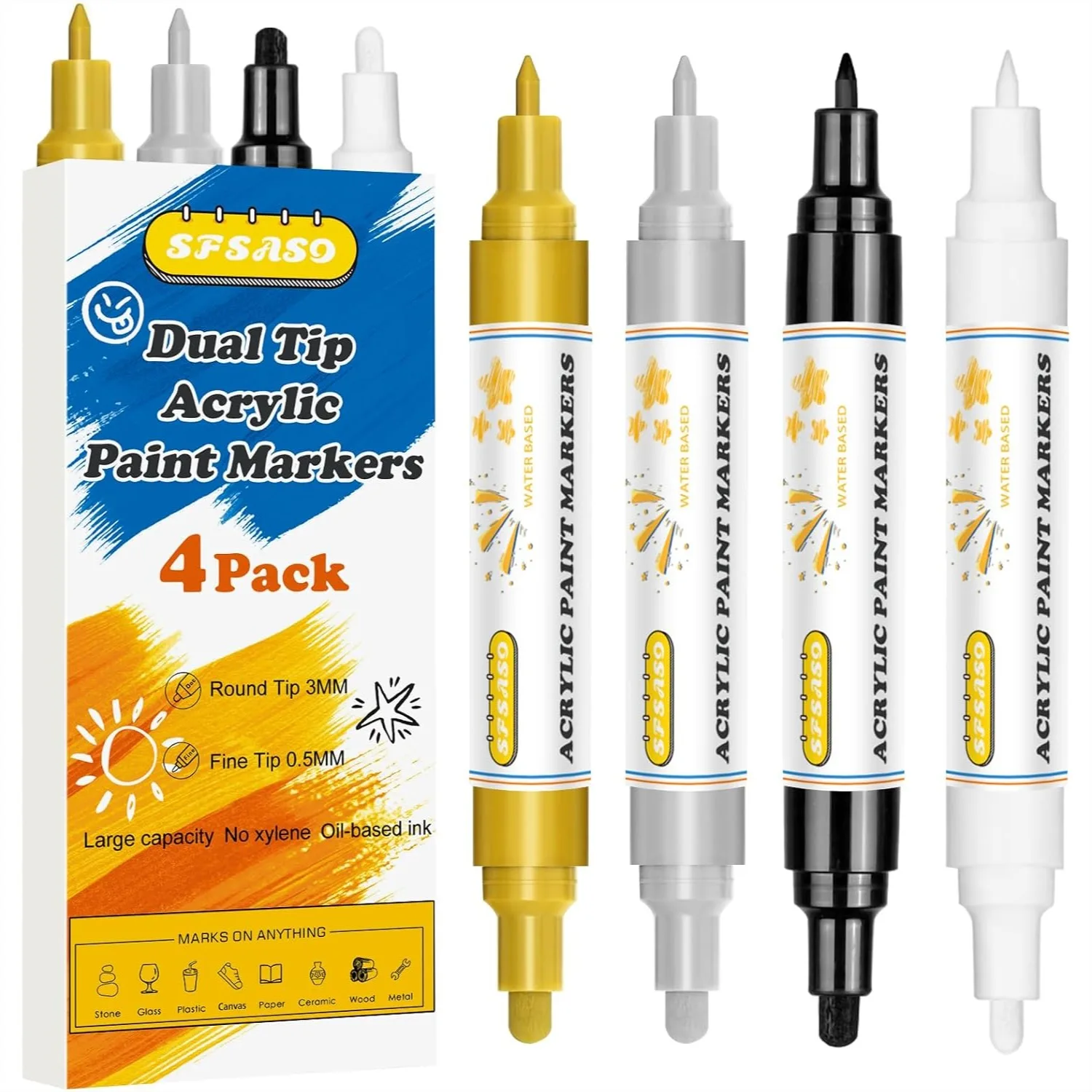 

Acrylic Paint Marker Pens 4 Pack Dual Tip Permanent Markers 0.7mm & 3mm for Rock Painting Canvas Ceramic Glass Wood Plastic DIY