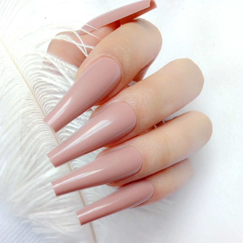 

Shiny Nude Long Artificial Fake Nails With Glue Sticker Ballerina Stiletto False Nails DIY Full Cover Finger Tips Manicure Tools