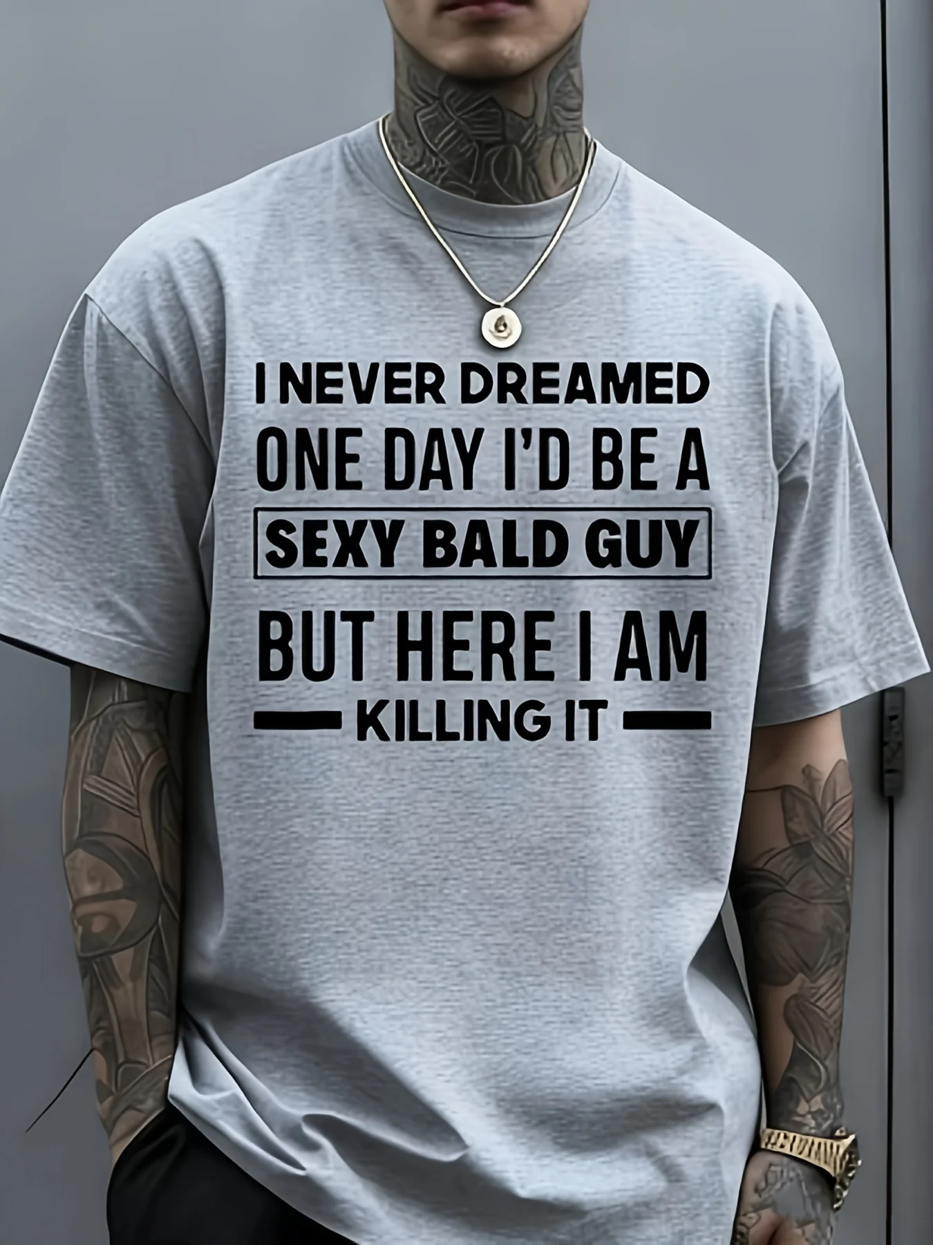 Humorous Quote TShirt for Bald Men Made of Crew Neck Design Casual Streetwear Medium Stretch Graphic Patterned Top Suitable for Sports And Celebrations Blackpixianai01, PLUS SIZE