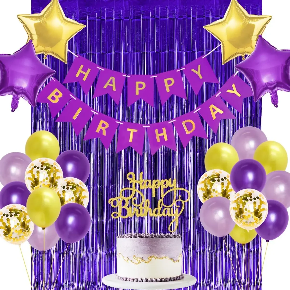 

Purple Birthday Decorations for Women and Girls, Backdrop, Happy Birthday Banner, Cake Topper for Mom's 30th, 40th, 50th, 60th B