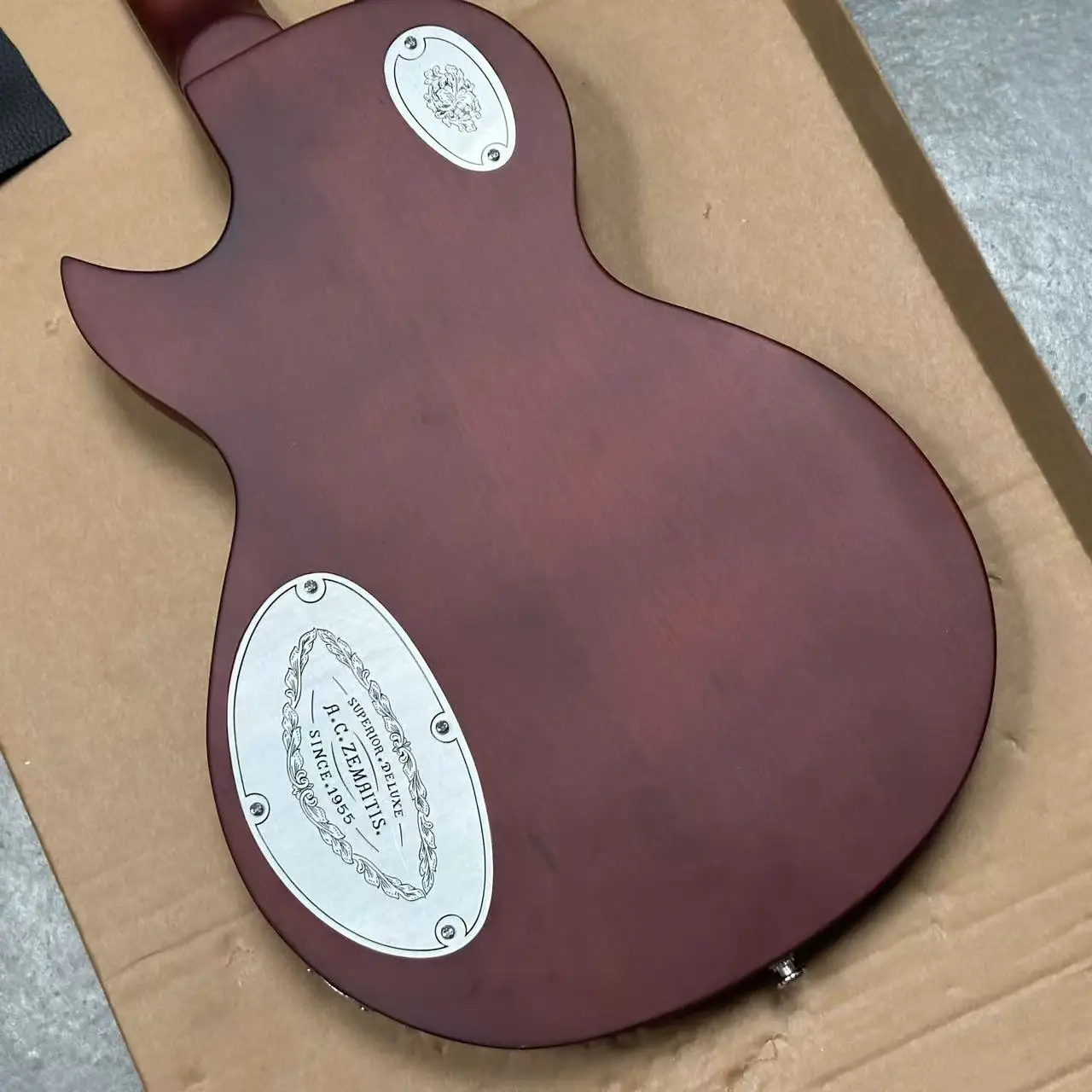 Hand Carved Duralumin Top Electric Guitar Floral Vine Scrollwork Red Brown Binding HH Humbuckers Fixed Bridge Rosewood Special I