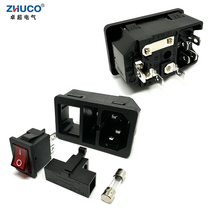 1PC LZ-14-F3 IEC320 C14 Panel Mounted 10A 5X20mm Fuse Red 250V LED Rocker Switch AC Electrical Inlet Module Power Socket