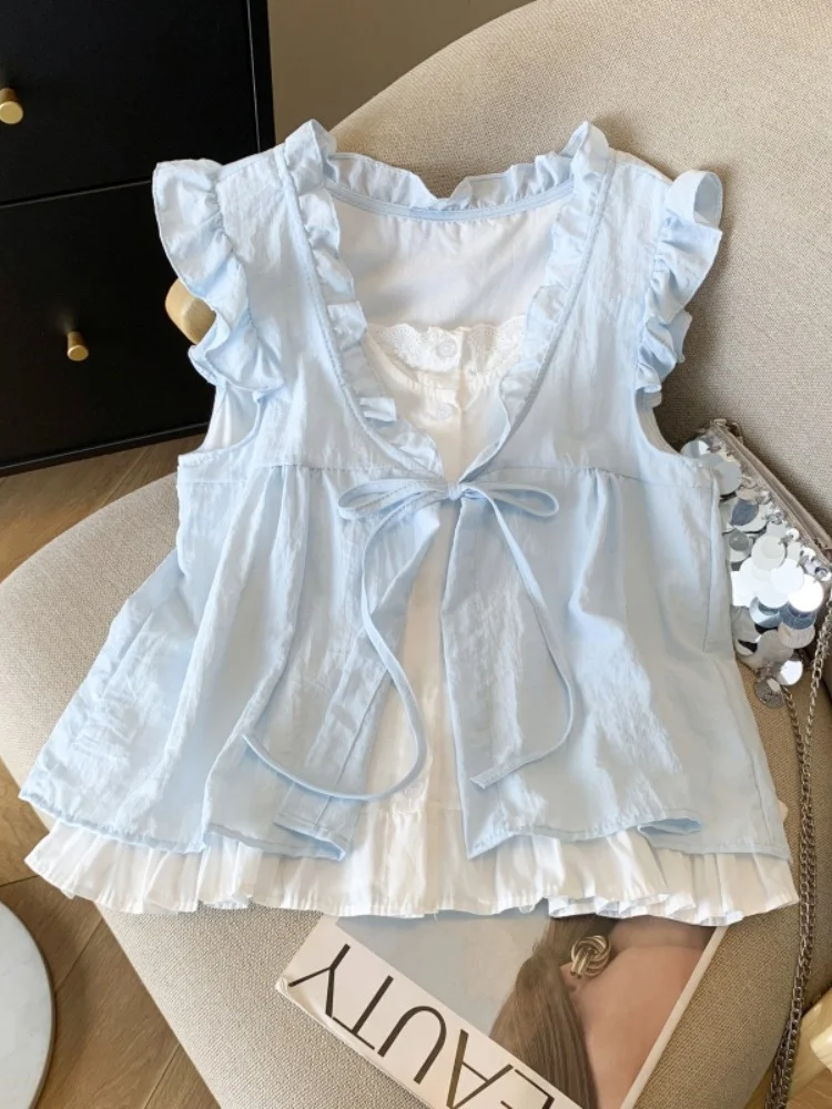 

Dopne Blue Faux Two-Piece irt Women's Summer 2025 New Ele Svel Doll Top Loose Fit Button up Pure Color