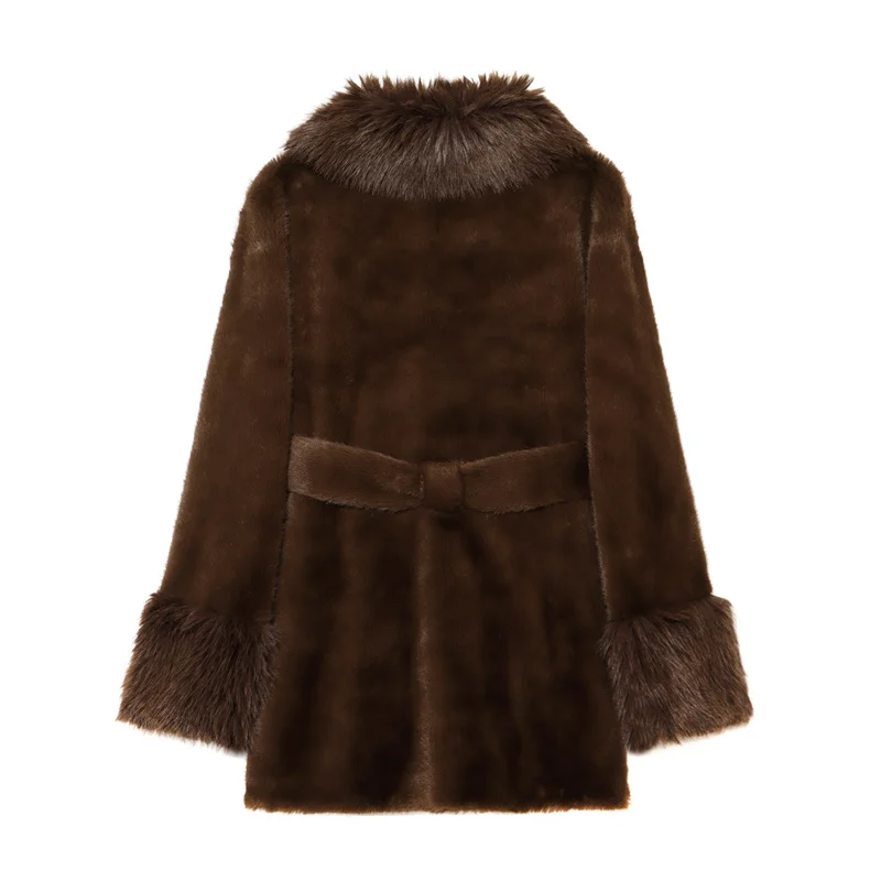 Guobioziy Women's Vintage Brown Faux Fur Coat with Loose Long Hair, Wide Lapels, Waist Tie, Mid-Length Winter Warm Jacket