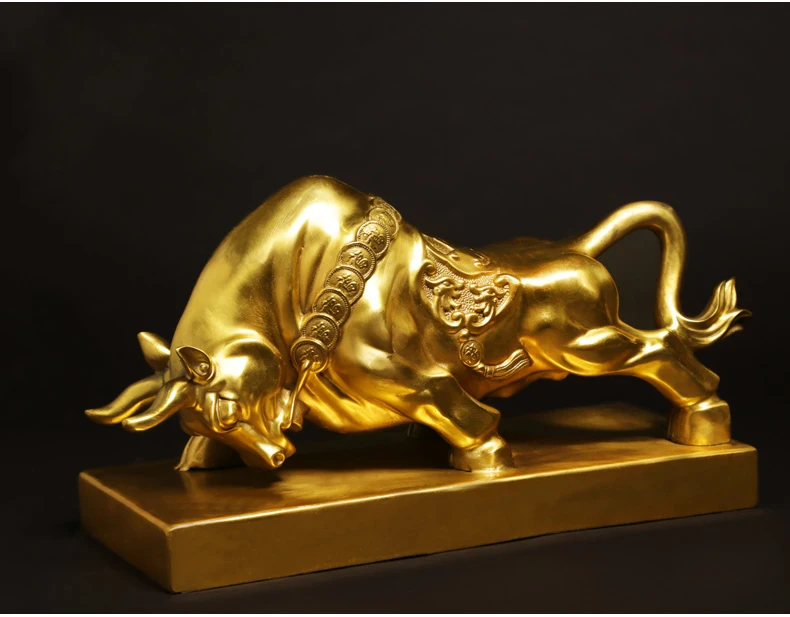 42 LARGE-TOP COOL home office equity market  -efficacious Talisman Money Drawing GOLD Charging Bull COW  bronze ART sculpture