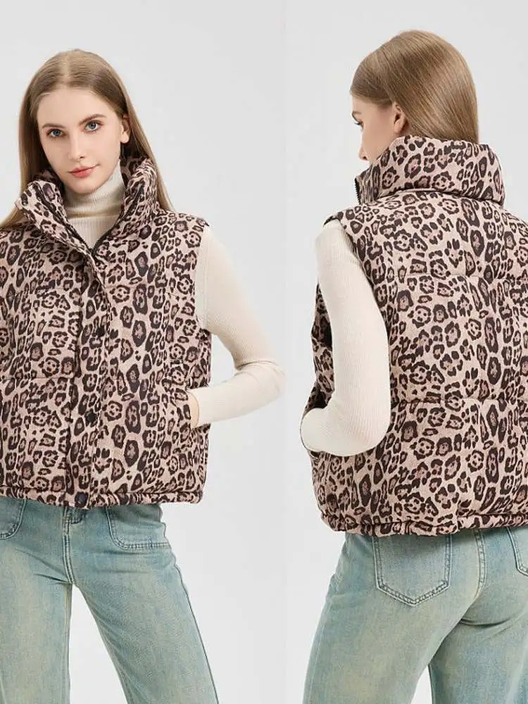 Fall Winter Thickened Warmth Leopard Print down Cotton Vest Short Style Fashion Loose Outerwear Commute Style Polyester Material