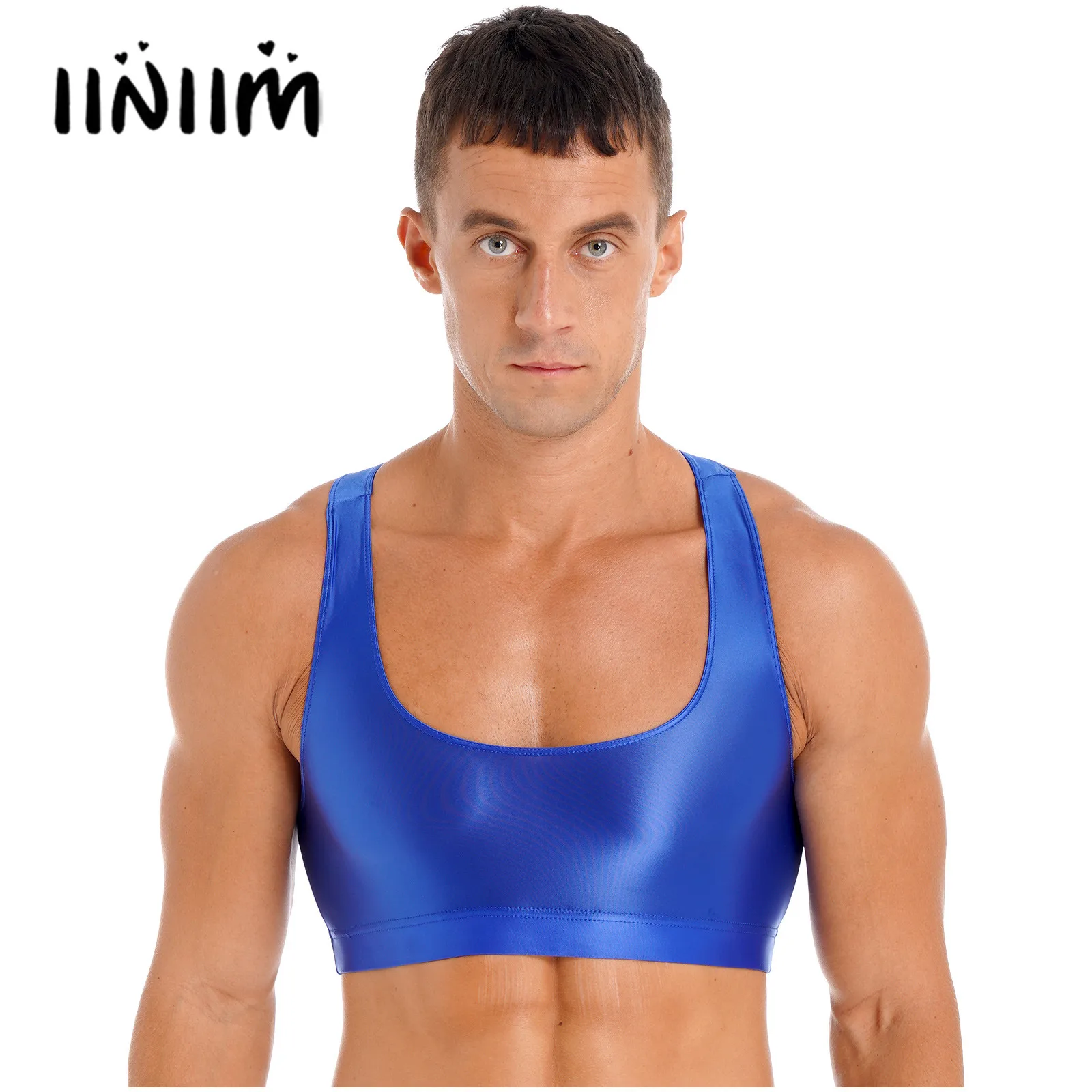 Mens Sports Oily Glossy Vest Tops Glossy U Neck Tank Tops Solid Color Pool Swimming Top Sleeveless Crop Top Vest Yoga Fitness