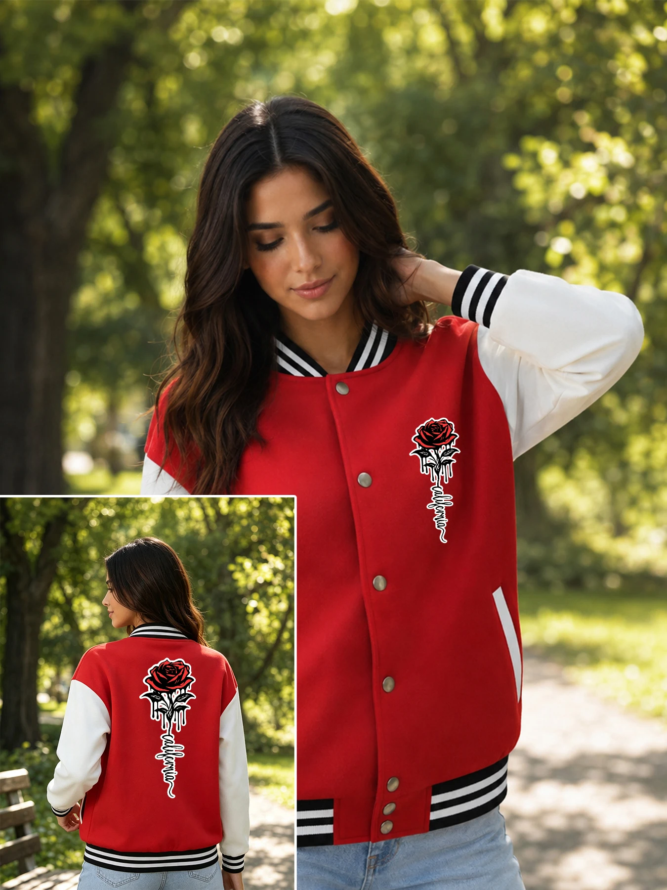 California Beatiful Rose Printed Women Baseball Uniform Sport Loose Streetwear Soft Cotton Clothing Autumn Button Female Jacket