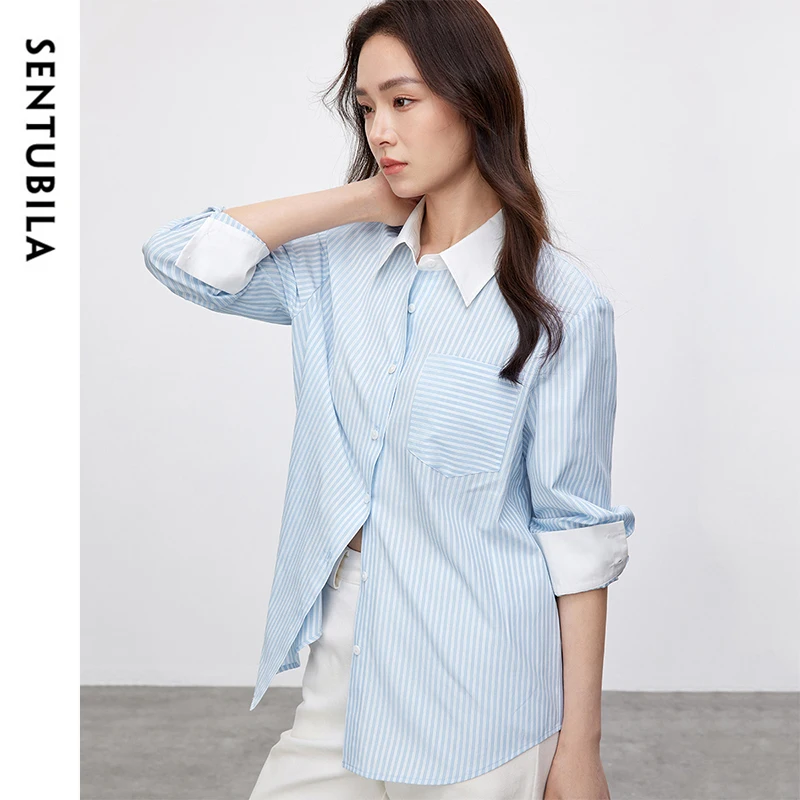 

SENTUBILA Женская полосатая блузка, весна 2024, хлопковые лоскутные прямые рубашки с длинными рукавами и карманами, удобные рубашки и блузки 151C58875