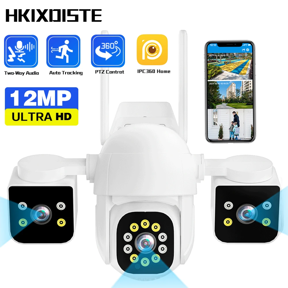 

12MP ULTRA HD Waterproof WiFi Surveillance Camera, 3 Lens 3 Screens, AI Human Detect, 8mp Outdoor Security PTZ IP Cameras