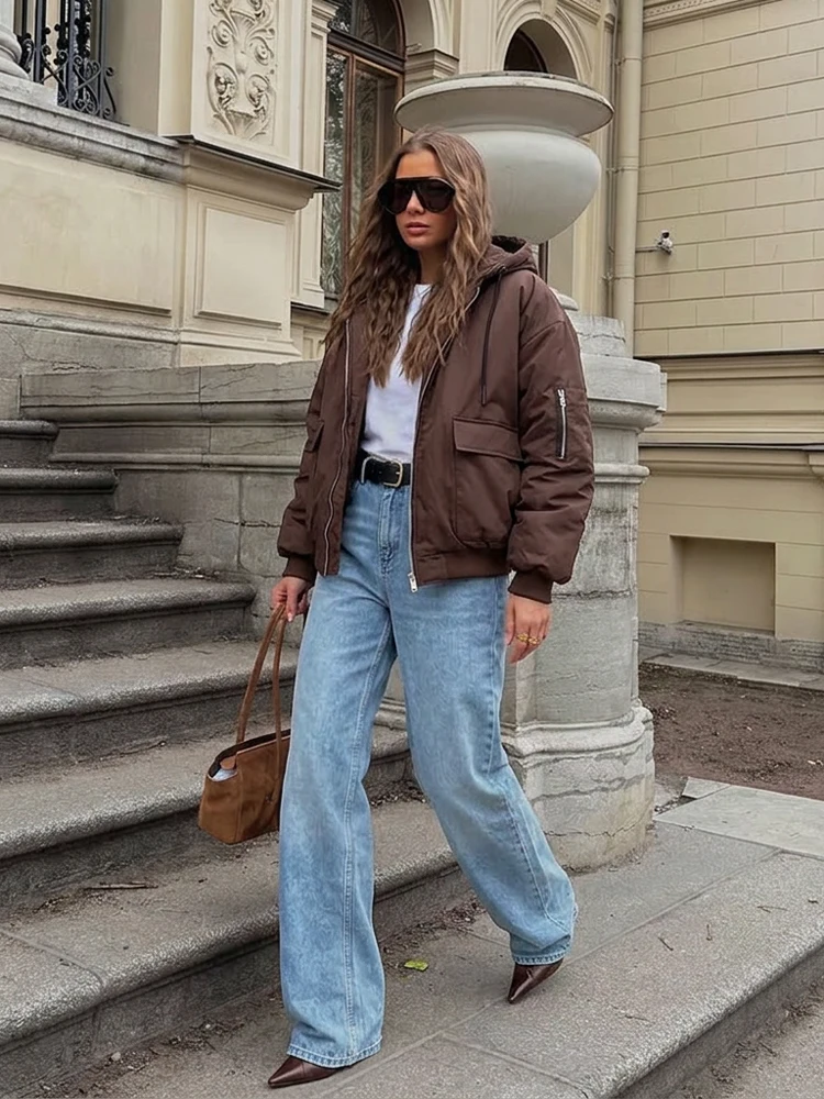 Women's Casual Hooded Zipper Pocket Short Jacket Loose Drop‑shoulder Elastic Cuffs Warm Cotton Coat Winter Street Trendy Outfit