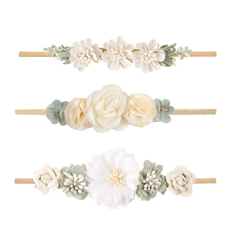 

3pcs Newborn Rhinestone Pearl Flower Headband Infant Elastic Nylon Headbands Artificial Flower Baby Headband Kid Girls Headwear