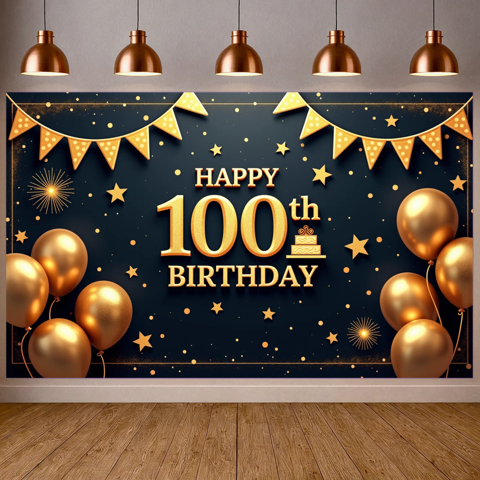 

Баннер «С Днем Рождения! 100 лет» с мини-тортом, фон для 100-летия, фон для торжественного дня рождения, металлические золотые шары