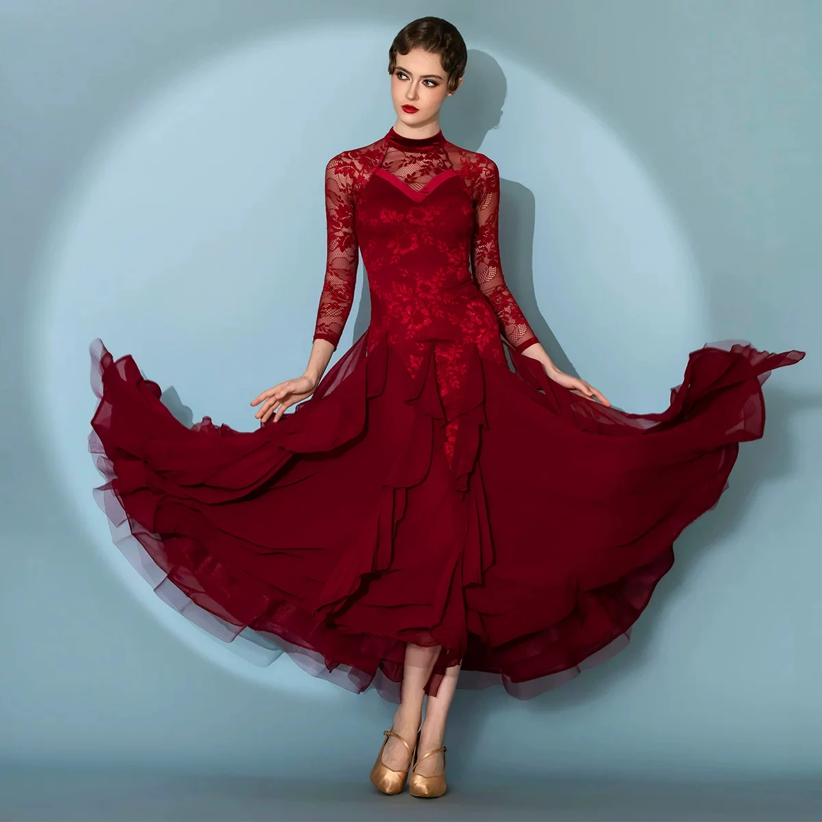 Ballroom dance competition dress high neck long sleeves full body floral lace pattern multi layer ruffle big swing skirt for sta