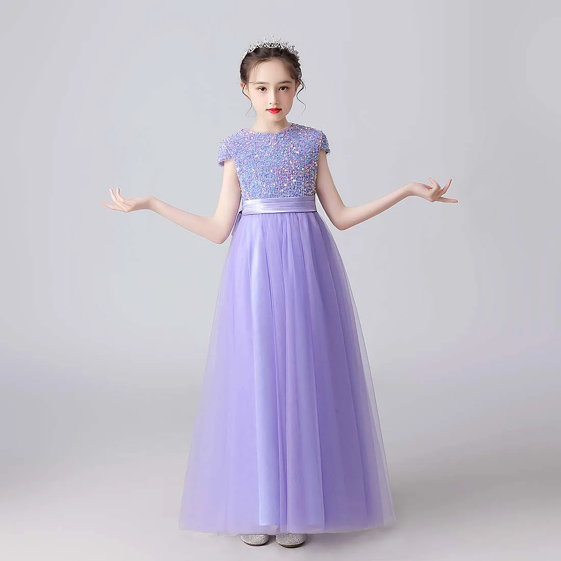 YZYmanualroom Glitter Sequins Short Sleeves Flower Girls Dresses For Wedding Tulle Birthday Party Christmas Dress For Girl