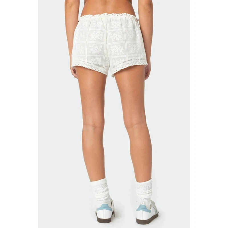 Damskie szorty patchworkowe z koronkowym wykończeniem w kwiaty, letnie, jednolite, w kwiaty i kratę, ze sznurkiem i frędzlami.