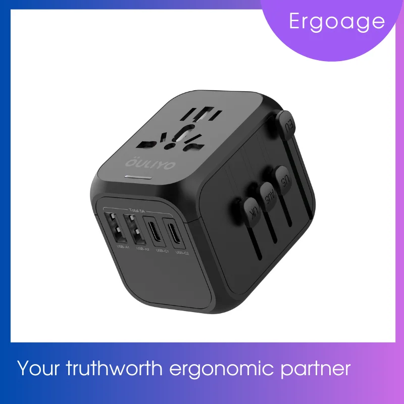 

Ergoage All in one Universal Travel Adaptor 2 Type C 2 Type A USB Multi Hole Socket for 180+ Countries 2000W Appliance Suitable