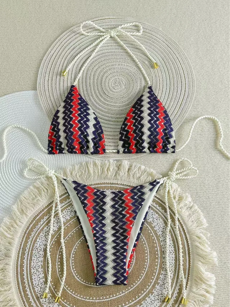 2025 Summer Women's Knit Bikini Set Sexy Crochet Two-Piece Swimwear Fashion Bikini Thongs Swimsuit Holiday Bandage Bathing Suit