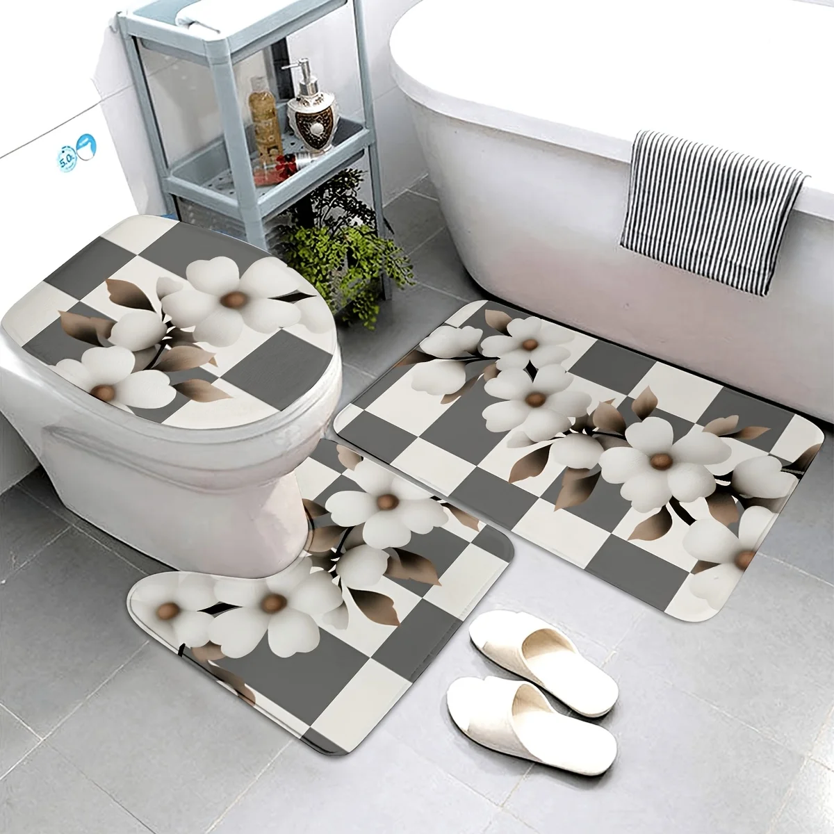 

Набор для ванной комнаты с цветочным принтом из 3 предметов — можно стирать в машине, полиэфирная ткань, нескользящий коврик, U-образный коврик, коврик для сиденья унитаза для ванной комнаты