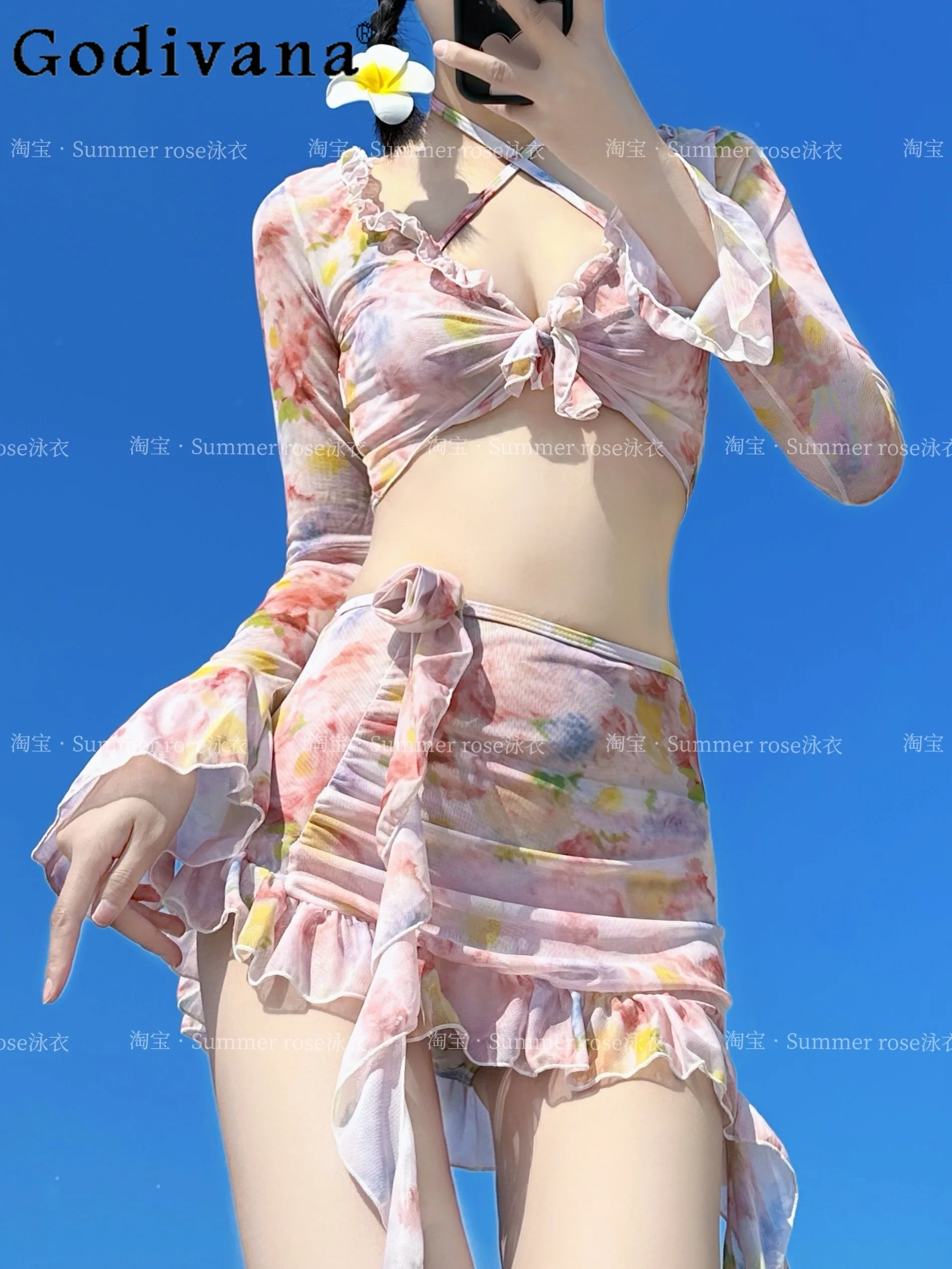 2024 Summer New Fashion Sweet Harajuku Split Print Swimwear Women Thin Beach Vacuum Bikini Four-Piece Suit Y2k Fashion Swimsuits