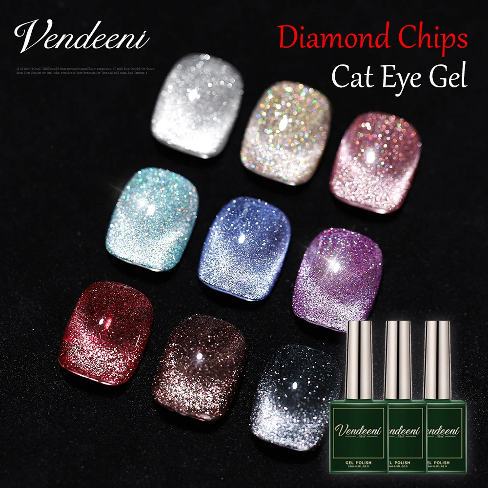 Vendeeni 9 Colors Laser Broken Diamonds Crystal Cat Eye Gel Nail Polish Soak Off Flash Glitter Gel Varnish Magnetic Gel Lacquer
