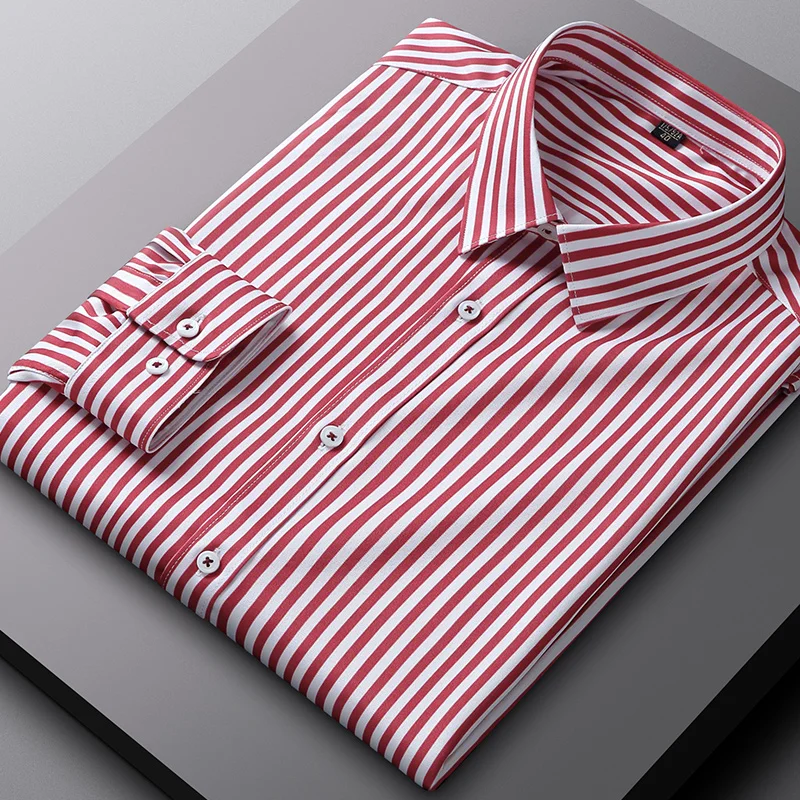 New in shirt striped lomg-sleeve shirts for men slim fit formal plain shirt soft england style office tops wrinkle free clothes