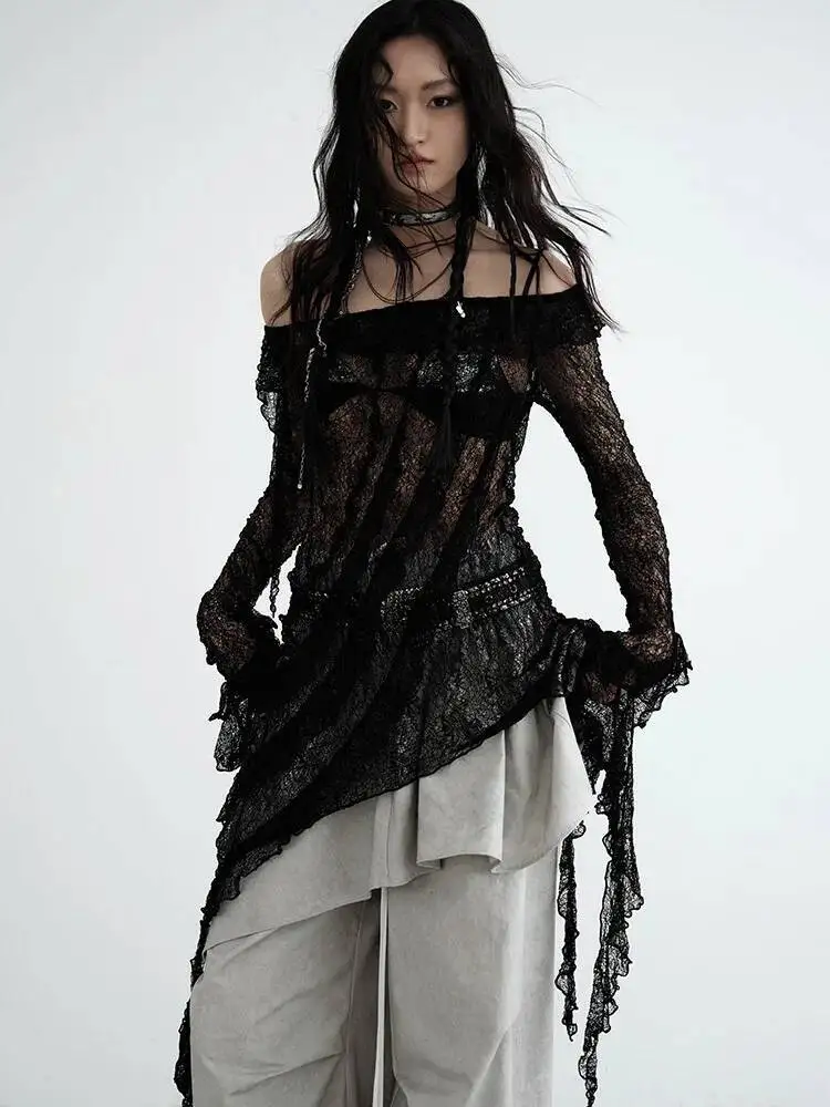 

HUISONG женская черная кружевная футболка нестандартной формы с открытыми оборками, новая модная футболка с разрезом на шее и длинными рукавами, весна-осень 2025