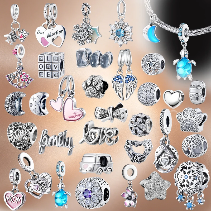 Oferta Imperdível: Berloques de Prata 925 Compatíveis com Pulseiras Originais, Contas com Temas de Família, Amor, Lua, Estrela, Tartaruga, Coração e Pegada de Pata para Mulheres, Presentes de Joias DIY