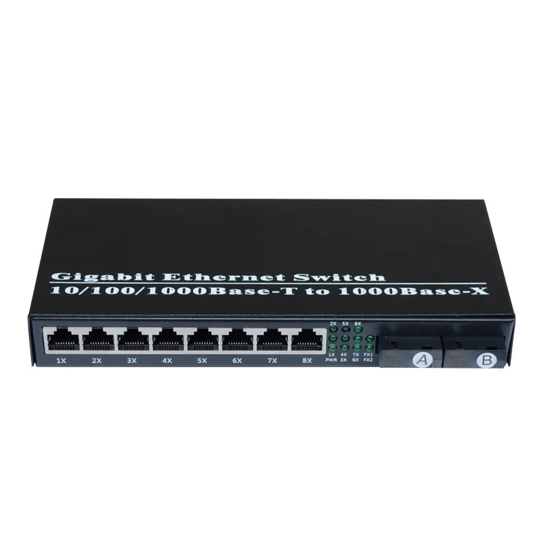 Fiber Media Converter, Optical Transceiver, Gigabit Ethernet Switch, 20km External Power, SC 2 Port + 8 RJ45, 10 m, 100 m, 1000m